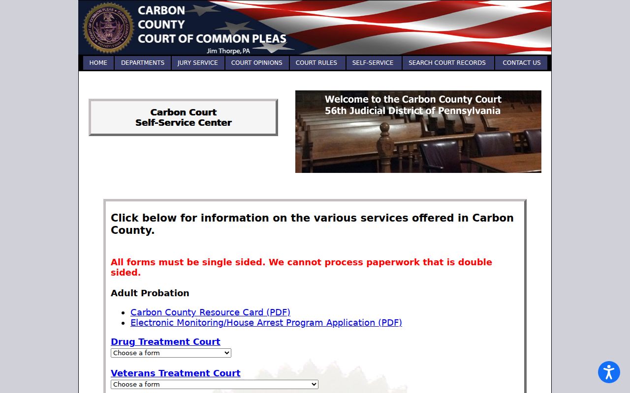 Jim Thorpe criminal court self-service information in Carbon County