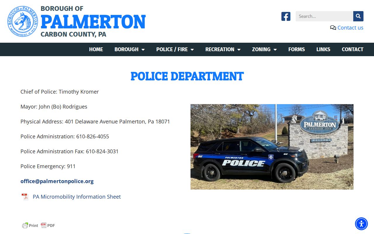 Palmerton criminal history records contact at Palmerton Police Department